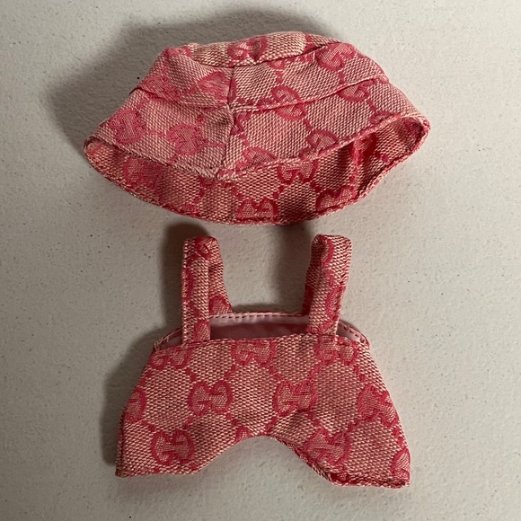 Designer Overalls Bucket Hat 3 Piece Sneaker Outfit Set For Labubu Pink - Picture 3 of 8